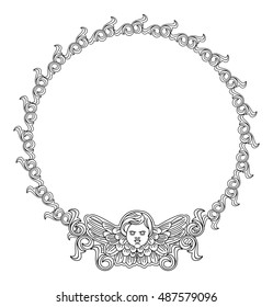 Round frame with cherub heads in vintage style. Vector custom element for design artworks.