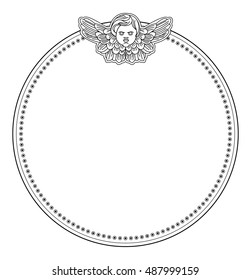 Round frame with cherub in vintage style. Vector custom element for design artworks.
