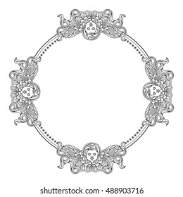 Round frame with cherub in vintage style. Vector custom element for design artworks.