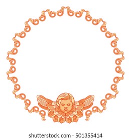 Round frame with cherubs in vintage style. Vector custom element for design artworks.