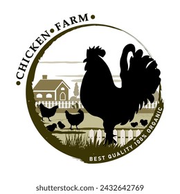 Round frame with chicken farm objects silhouettes and text for product labels. Vector illustration. 