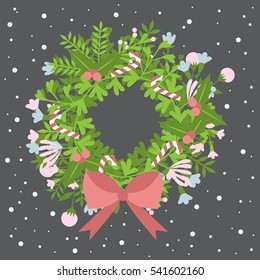 Round frame for Christmas cards and winter design. Flowers,branches,leaves set with snowflake. Stylized floral in retro style.  Decorative item for templates, wedding invitations and birthday cards