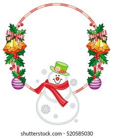 Round frame with Christmas decorations and snowman. Christmas design element. Vector clip art.