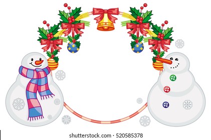 Round frame with Christmas decorations and snowman. Christmas design element. Vector clip art.