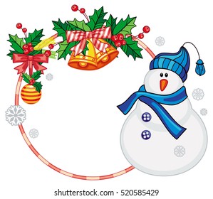 Round frame with Christmas decorations and snowman. Christmas design element. Vector clip art.