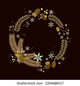 Round frame for christmas design. Yellow, gold colors, black background, pine tree branches, holly, snowflakes, berries. Vector illustration