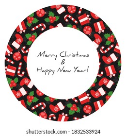 Round frame with Christmas elements, for greeting cards, invitations, posters and banners. Vector illustration.