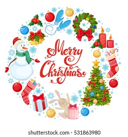 Round frame with Christmas icons. Colorful cartoon Christmas illustration for decoration. Vector.
