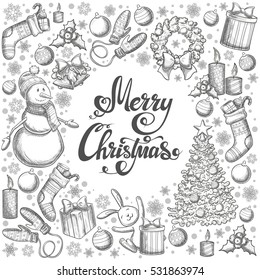 Round frame with Christmas icons. Monochrome sketch style Christmas illustration for decoration. Vector.