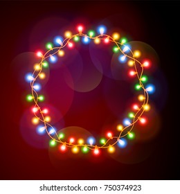 Round Frame Of Christmas Lights. Colorful Garlands Circle, Background.