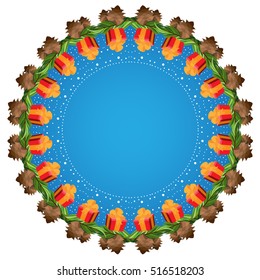 Round frame for Christmas and New Year decoration. Border of the gifts and oak branches on a blue background.