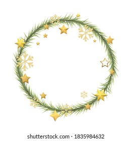 Round frame of christmas tree branches with gold stars and golden snowflakes on white. Great for New year and Christmas party posters, headers, seasonal wallpaper, winter background. Vector