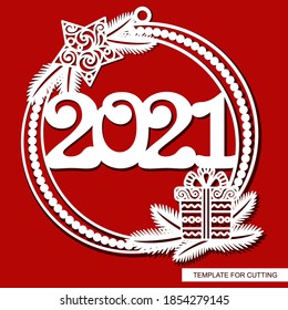 Round frame with Christmas tree branches, gift, star. Hanging holiday ball with New Year numbers - 2021. Template for laser cutting (cnc), wood carving, paper cut or printing. Vector illustration. 