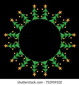Round frame with Christmas tree and star embroidery stitches imitation on the black background. Fashion holiday embroidery frame.