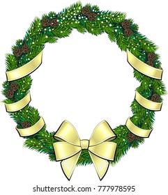 Round frame, a Christmas wreath made of fir branches, cones, ribbons and a bow.