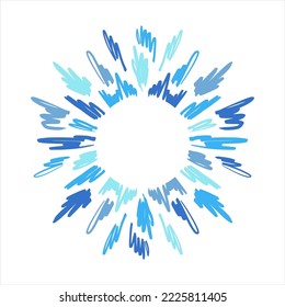 Round frame, circle made of various chaotic radial doodle scrawl, scratch, hatch, scribble. Uneven pen, marker, brush strokes. Navu blue hand drawn decoration, text template, abstract background. 