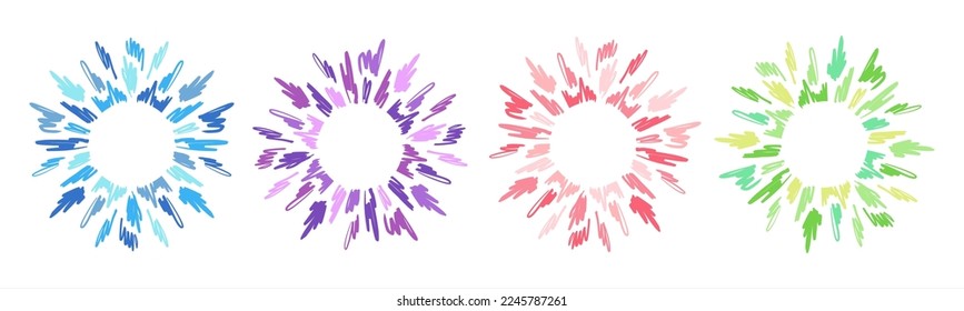 Round frame, circle made of various chaotic radial doodle scrawl, scratch, hatch, scribble. Uneven pen, marker, brush strokes. Black hand drawn decoration, text template, abstract background. 