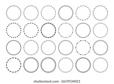 Round frame. Circles with ornamental patterns, circular borders with geometric elements, arrows and hearts. Decoration for wedding invitation and valentines cards. Vector set.