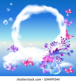 Round frame of clouds, flowers, butterflies in the sky
