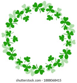 Round frame with clover leaves.Magical plant. Decoration for St. Patrick's Day with trefoils and quatrefoils. Shamrock. Irish story. Isolated on white. Vector illustration.
