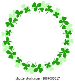 Round frame with clover leaves.Magical plant. Decoration for St. Patrick's Day with trefoils and quatrefoils. Shamrock. Irish story. Isolated on white. Vector illustration.