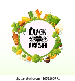 Round frame of clover and objects with text. Saint Patrick's Day vector holiday background design.