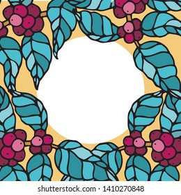 Round frame from coffee beans against white and yellow background