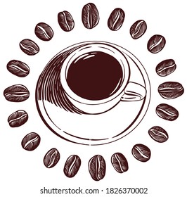 Round frame from coffee beans and Cup of espresso . Sketch style Vector illustration
