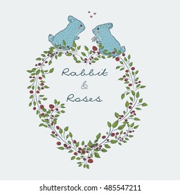 Round frame from the collection of hand-drawn cute natural frame from branches of a rose with a blue rabbit. floral borders. Cute  bunny. Winter rabbit in flowers