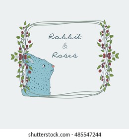 Round frame from the collection of hand-drawn cute natural frame from branches of a rose with a blue rabbit. floral borders. Cute  bunny. Winter rabbit in flowers