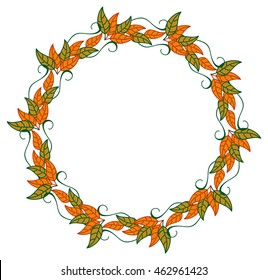 Round frame with color decorative leaves. Vector clip art.