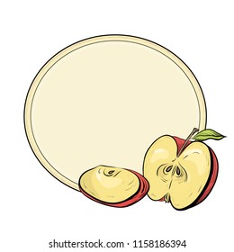 Round frame with color engraved illustration of apples. Hatched drawing. The object is separate from the background. Template for the menu, recipes, postcards and your creativity.