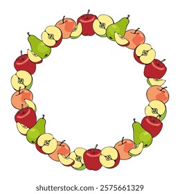 round frame of colored apples and pears, hand drawn in cartoon style.