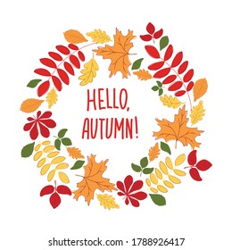 
Round frame. Colored autumn background with text and leaves. Banner, invitation letter. Objects are isolated.