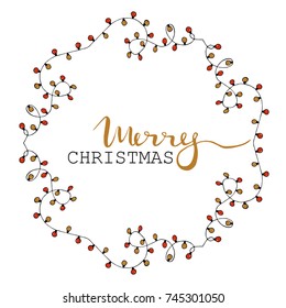 Round frame of colored christmas lights with a greeting Merry Christmas on a white background. Hand drawn vector illustration and lettering. Congratulations and stickers
