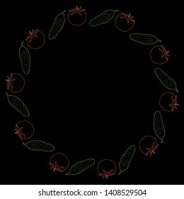 Round frame with colored cucumber and tomato on black background. Isolated frame for your design.  Vector image. 