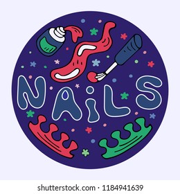 Round frame with colored doodles of nail makeup