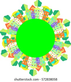 round frame with  colored house cartoon vector illustration of houses with space for text
