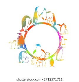 Runder Rahmen mit farbigen Pinguinen. Pinguinfamilie. Handgezeichnet. Nicht AI, Vektorgrafik