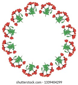 Round frame with colored vertical poppies, poppy Bud and leaf. Isolated wreath of red flowers on white background for your design