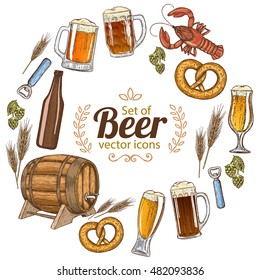Round frame with colorful beer icons. Sketch style colorful illustration of beer theme for vintage decorations of pub or bar menu. Vector.