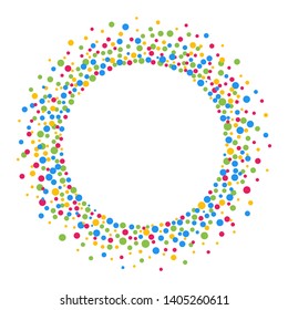 Round frame with colorful confetti circles isolated on white background. Bright explosion of confetti. Holiday background. 