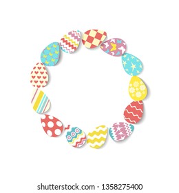Round frame of colorful eggs on white background. Egg icons in coral, yellow, turquoise, pink colours with different ornaments and texture. Vector illustration.