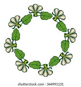 Round frame with colorful flowers and green leaves
