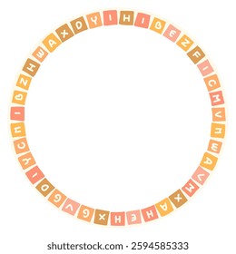 Round frame with colorful letters pattern. Abstract background with hand drawn doodle shapes.