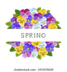 Round frame of colorful pansy flowers