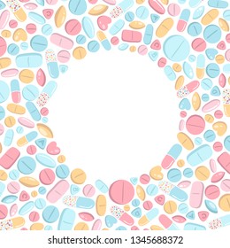 Round frame of colorful pills. Vector illustration in flat hand drawn style.
