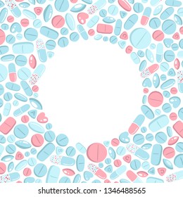 Round frame of colorful pills. Vector illustration in flat hand drawn style.
