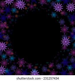 Round frame with colorful small snowflakes layered around