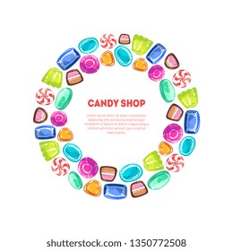 Round Frame of Colorful Sweetmeats, Candy Shop Design Element Vector Illustration